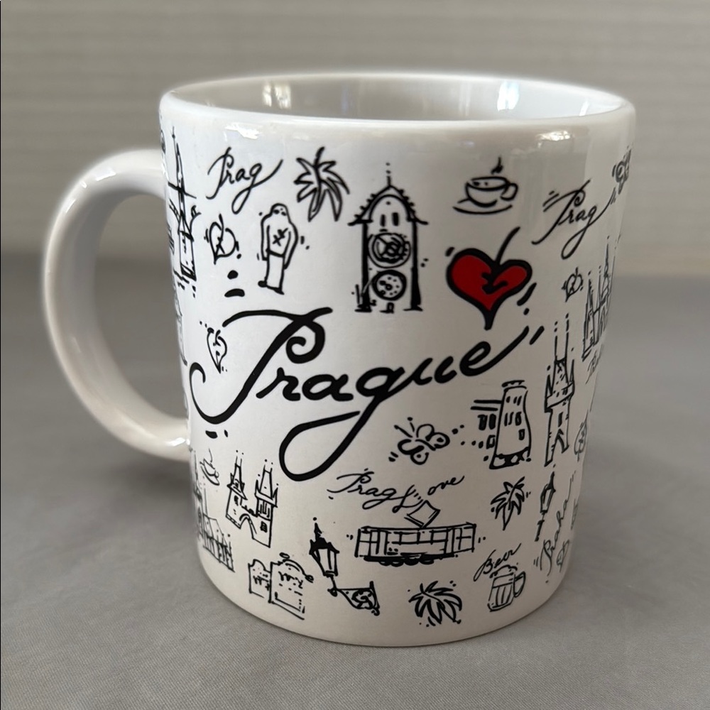 Prague Suvenyry Souvenir Cultural Motif Landmarks White Gift Mug Cup Red Heart